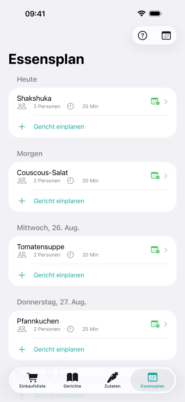 Essensplan mit Wochenansicht