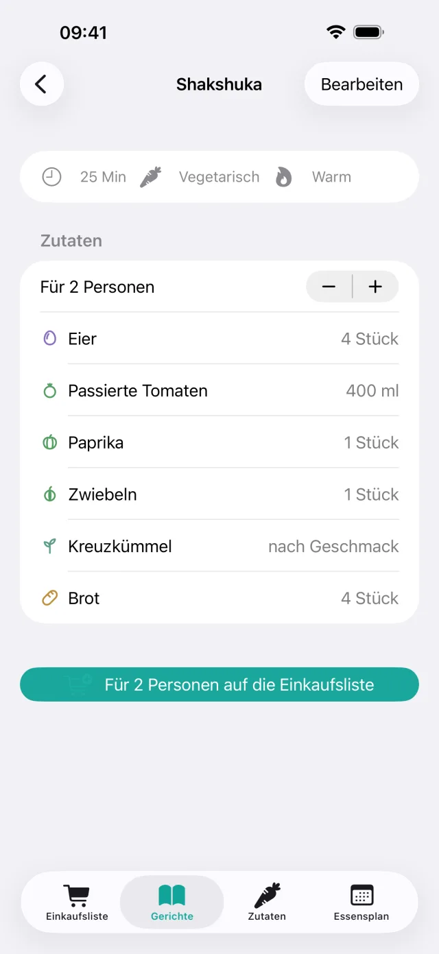 Gericht Shakshuka mit Zutaten und Portionen