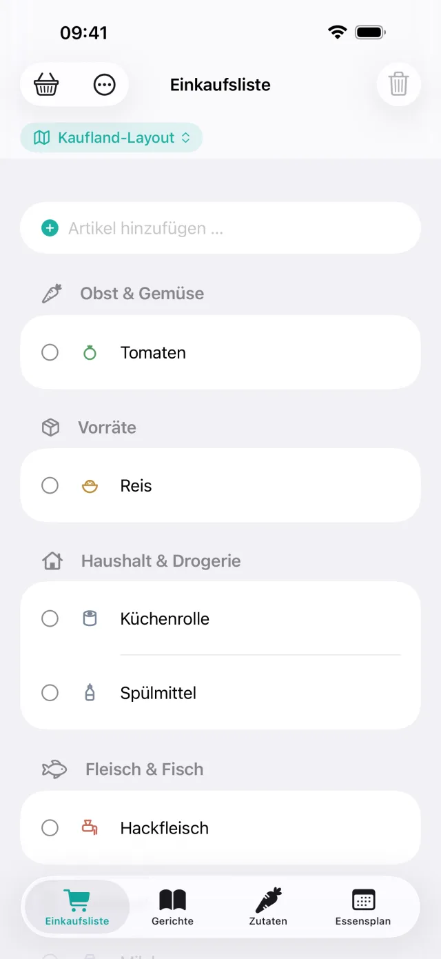 Einkaufsliste, sortiert nach dem Kaufland-Laufweg