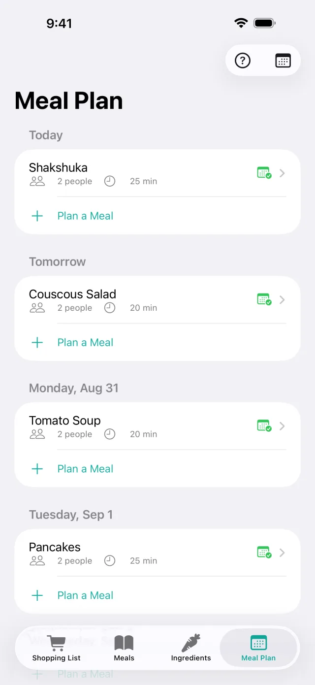 Meal plan with a week view