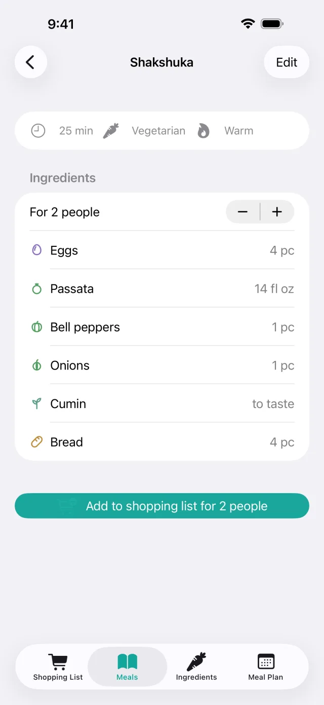 Shakshuka recipe with ingredients and servings