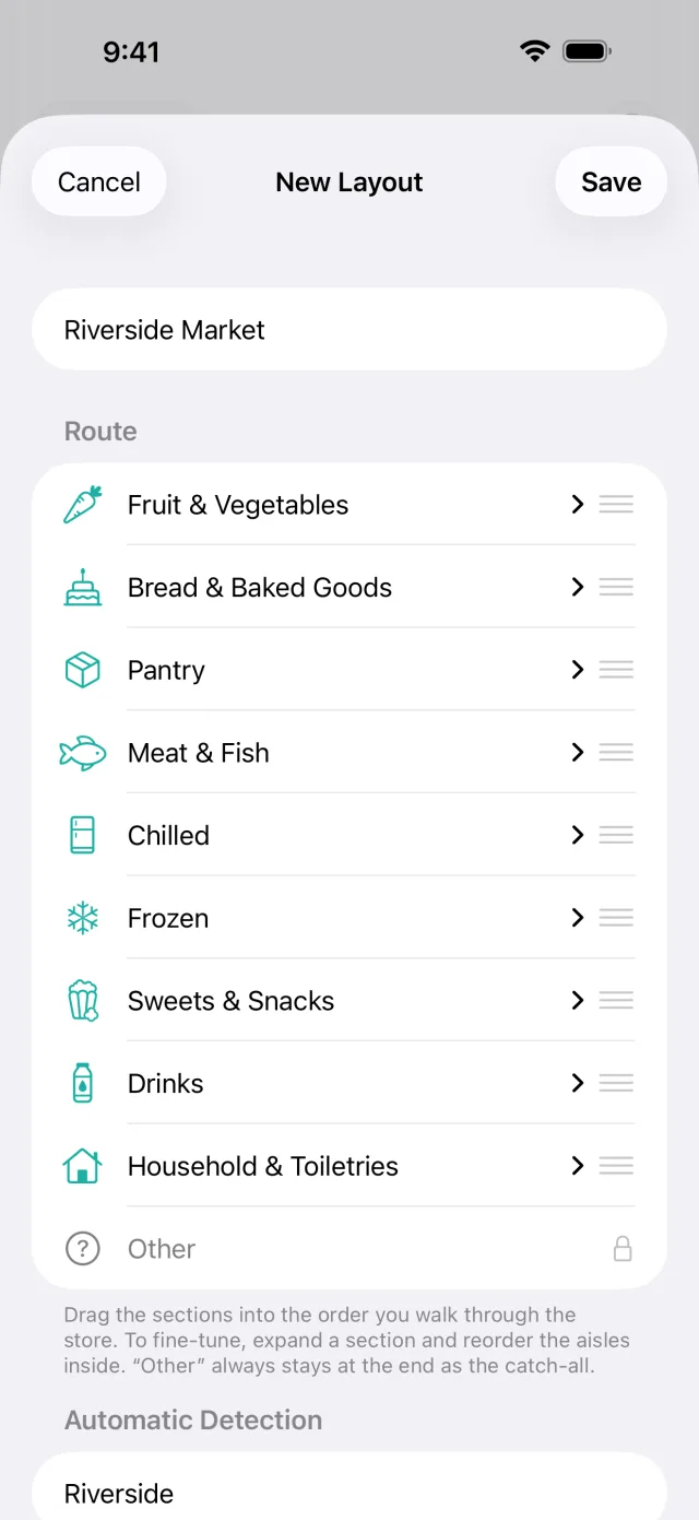 Layout editor with the store's sections in a custom order